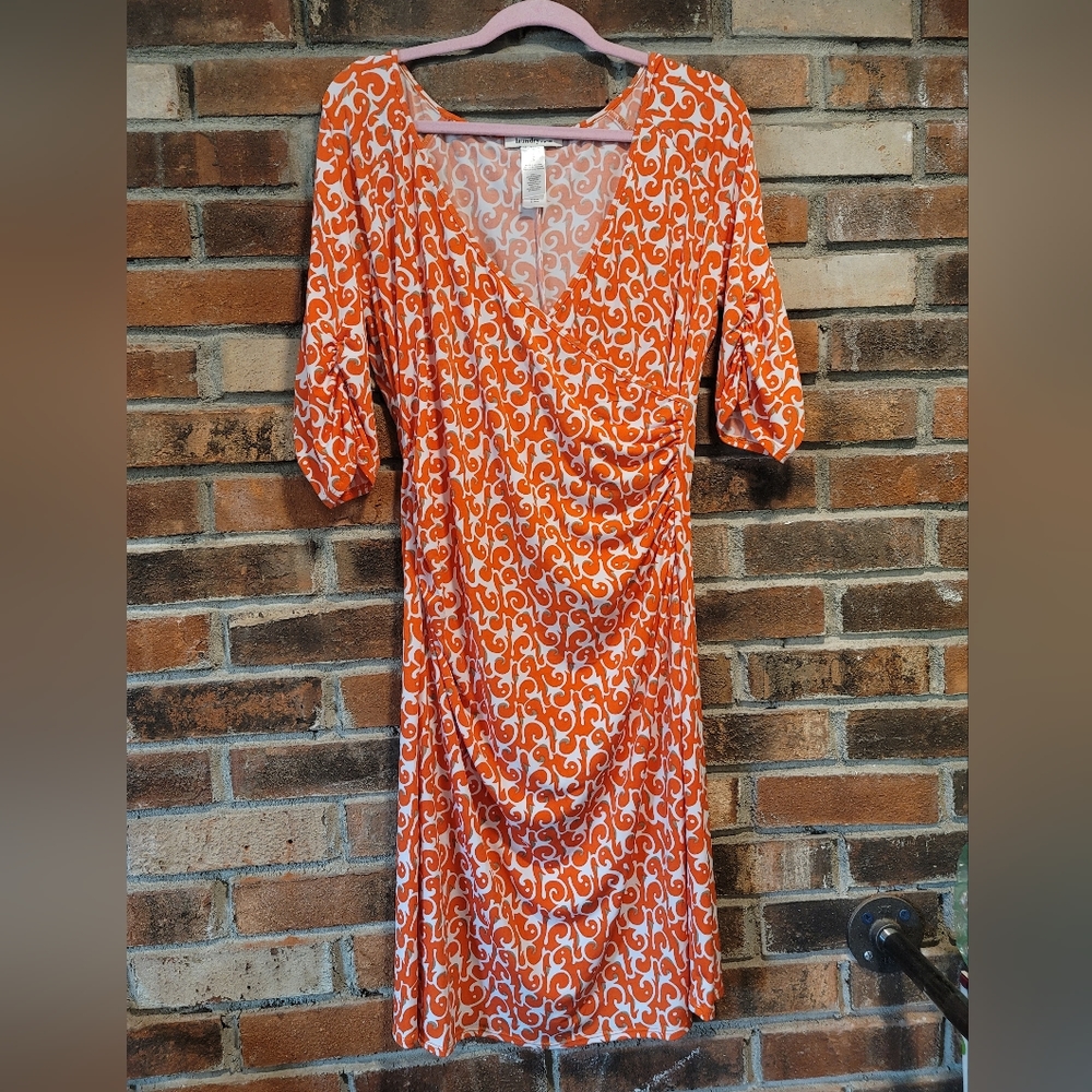 laundry by design Womens Wrap Dress Large Orange White Swirls Knee Length, EUC